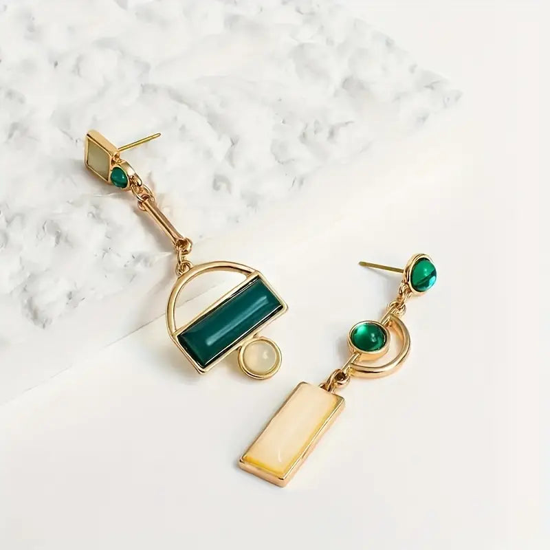 Gold Emerald Geometric Dangle Earrings