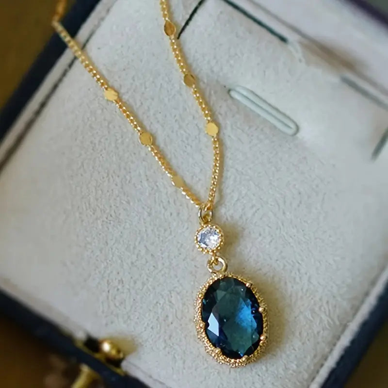 Gold Sapphire Oval Pendant Necklace