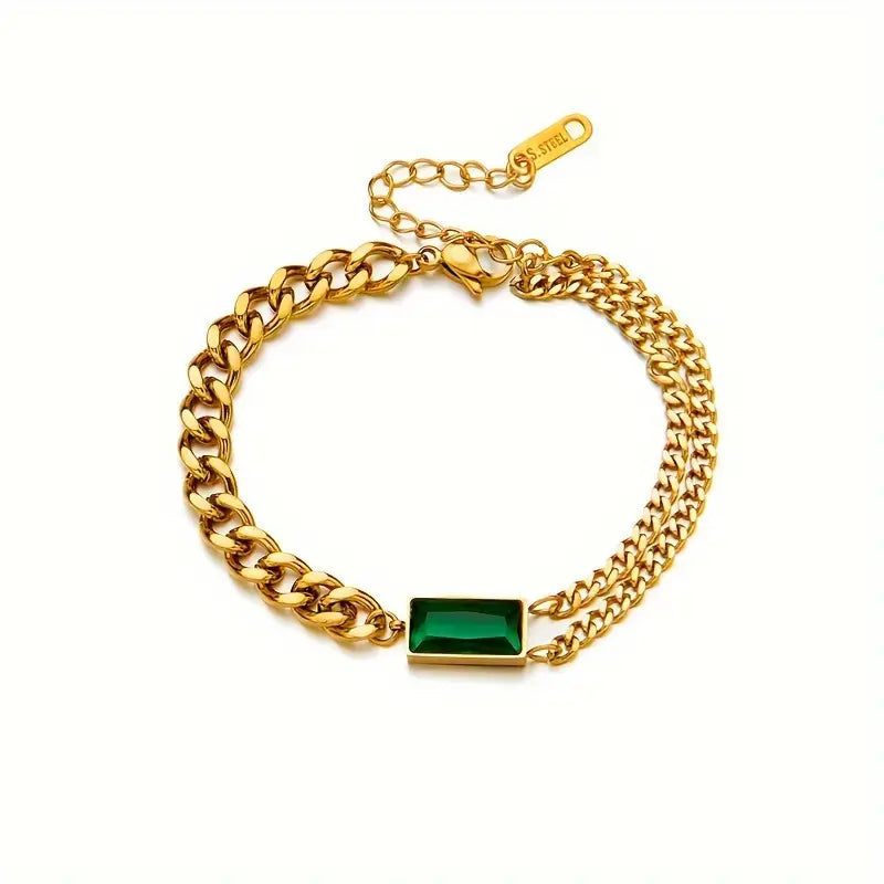 Gold Emerald Chain Bar Bracelet