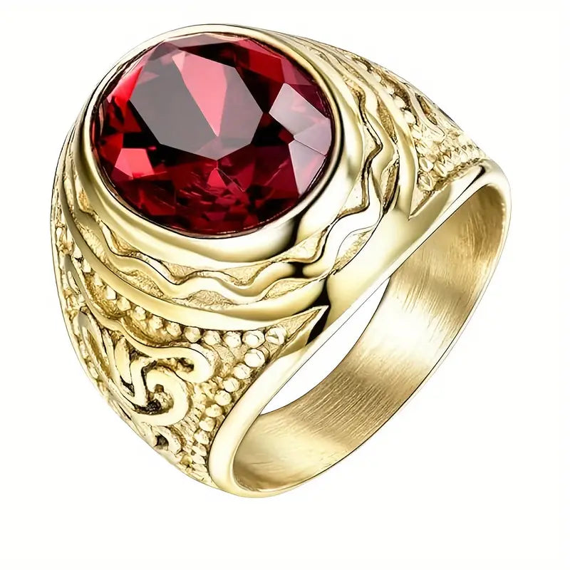 Gold Ruby Inscribed Ring