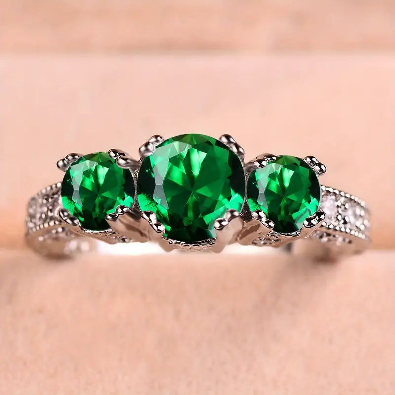 Silver Emerald Trio-Stone Ring