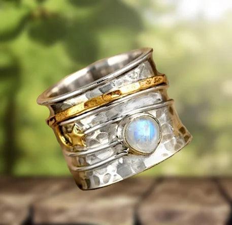 Star and Moon Moonstone Spinning Ring