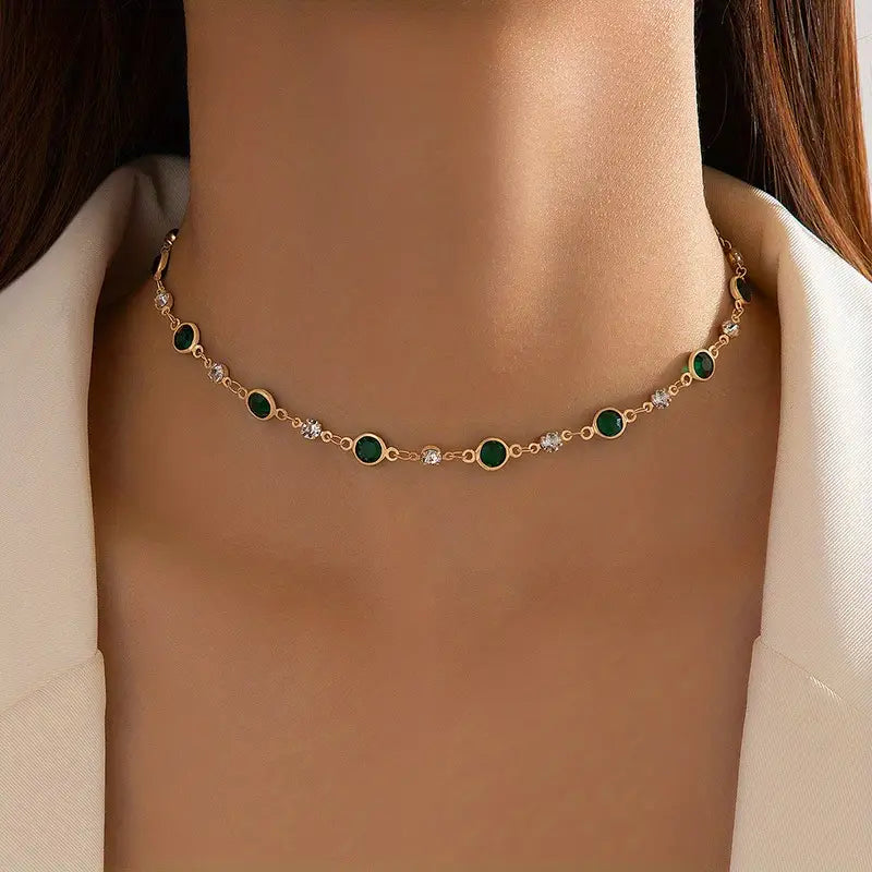 Gold Emerald Station Pendant Necklace