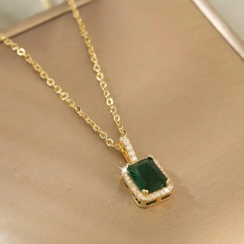 Emerald Gold Rectangular Halo Necklace