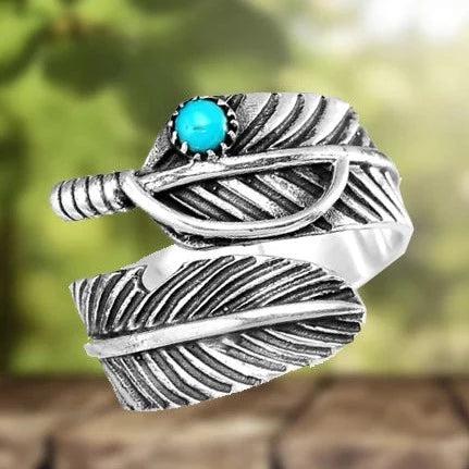 Boho Feather Turquoise Adjustable Band Ring