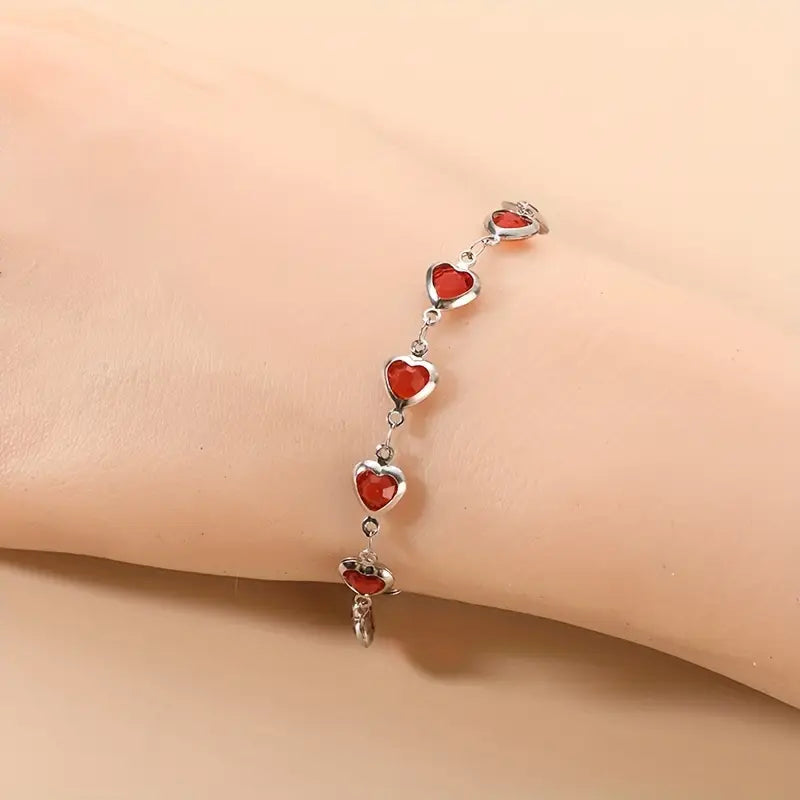 Silver Ruby Heart Link Bracelet