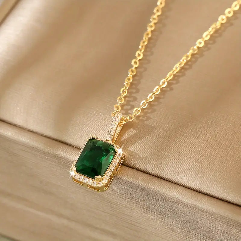 Emerald Gold Rectangular Halo Necklace