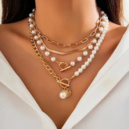 Vintage Pearl and Gold Serpent Chain Necklace Set