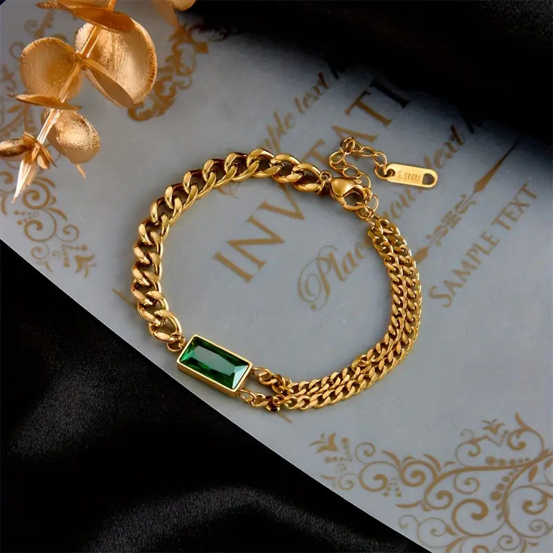 Gold Emerald Chain Bar Bracelet