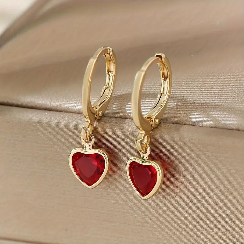 Gold Ruby Heart Dangle Earrings
