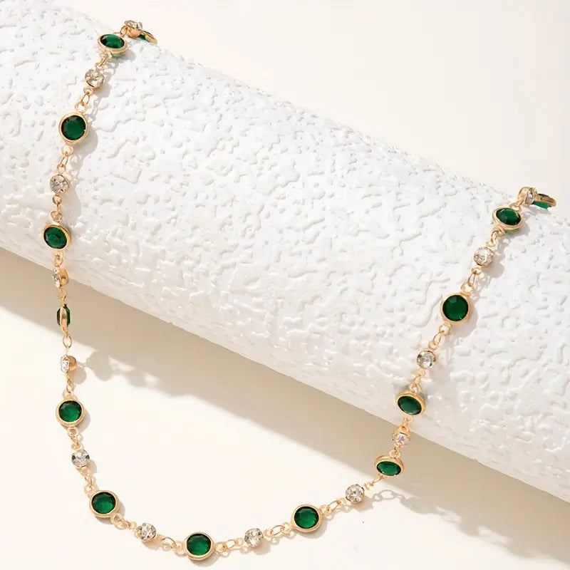 Gold Emerald Station Pendant Necklace