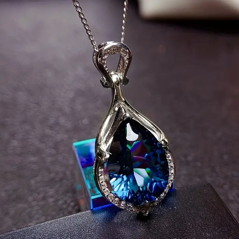 Silver Sapphire Teardrop Pendant Necklace