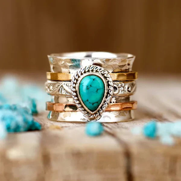1+1 Offer: Vintage Turquoise Inlaid Stone Gold & Silver Ring + Mediterranean Drops – Turquoise Stone Stud Earrings