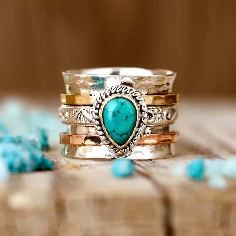 Vintage Turquoise Stone Inlaid Gold and Silver Ring