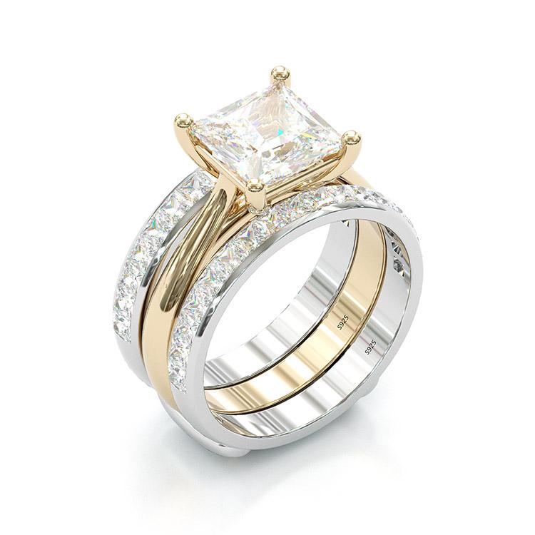 Timeless Princess Cut Wedding Ring Set – Gold & Sterling Silver
