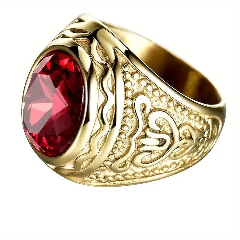 Gold Ruby Inscribed Ring