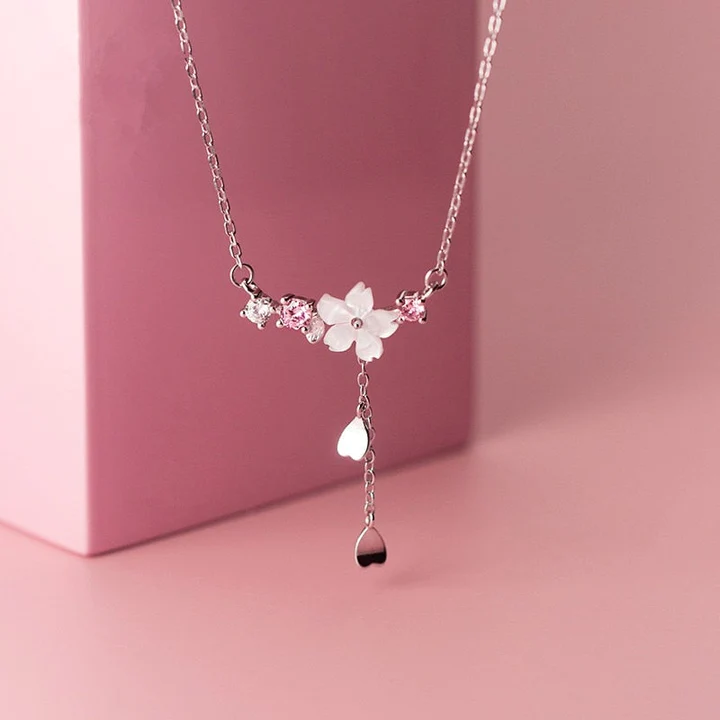 Floral Pendant Necklace with Pink Stones in Silver