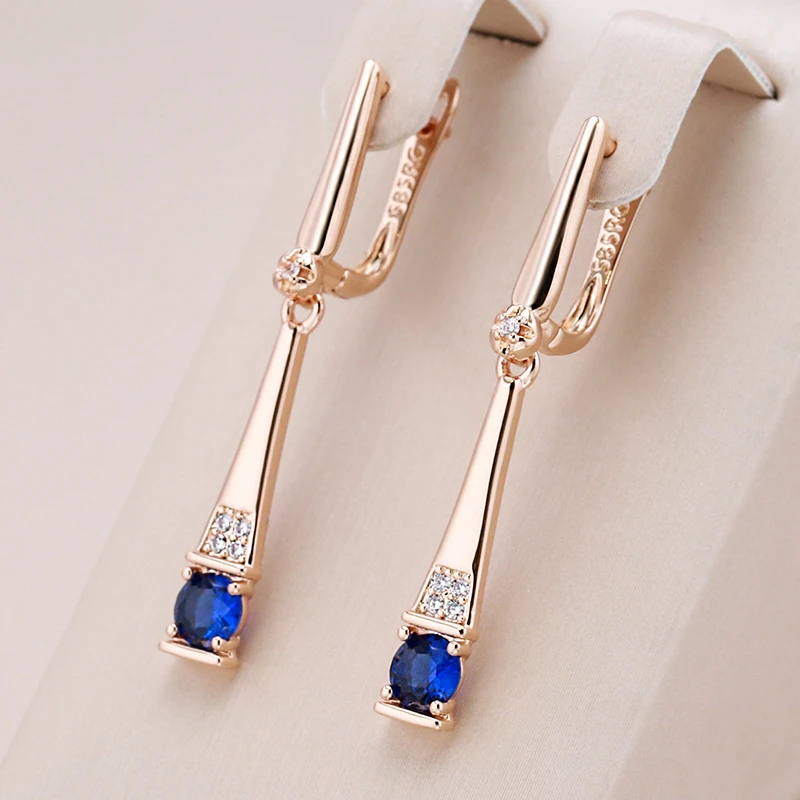 Blue Crystal Pendant Earrings in Golden Finish