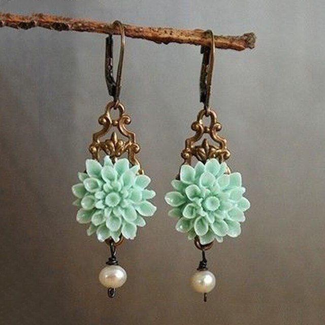 Boho Earrings with Turquoise Blossom and Pearl