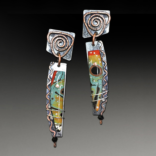 Ethnic silver earrings with colorful enamel