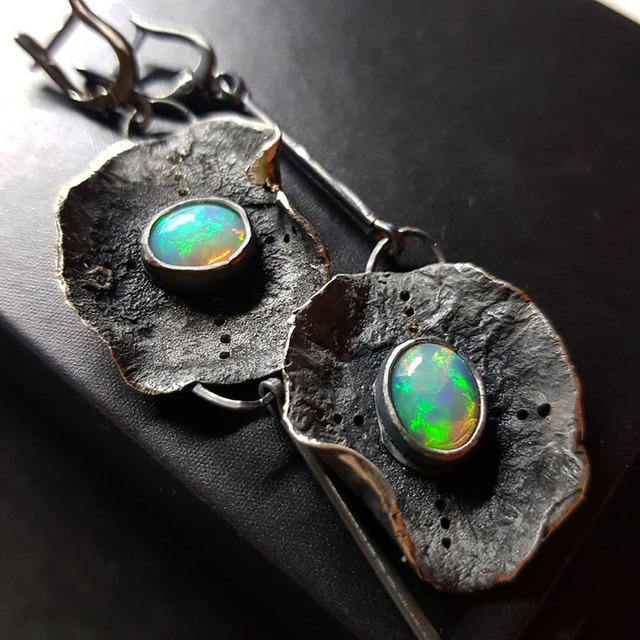 Bohemian earrings with green opal set in silver