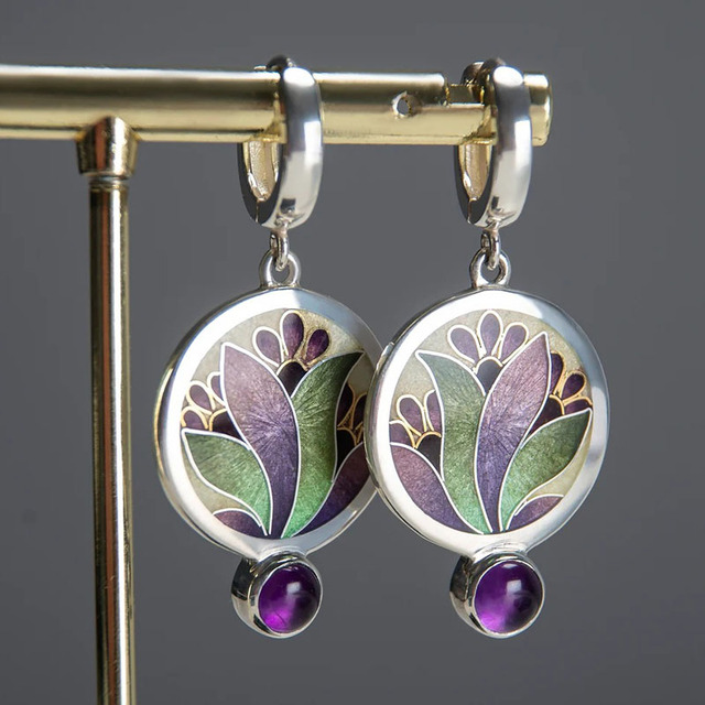 Boho earrings with lavender crystals crafted from silver