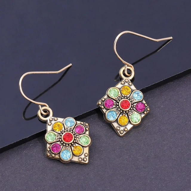 Vintage Multicolor Crystal Mandala Dangle Earrings