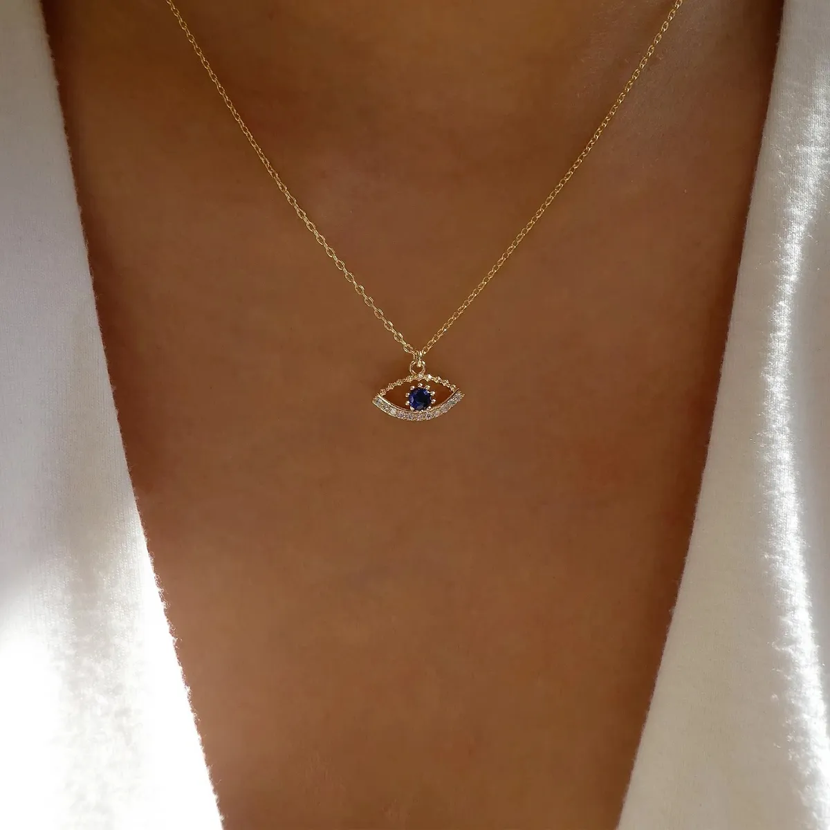 Gold-Plated Nazar Pendant Necklace with Zircons