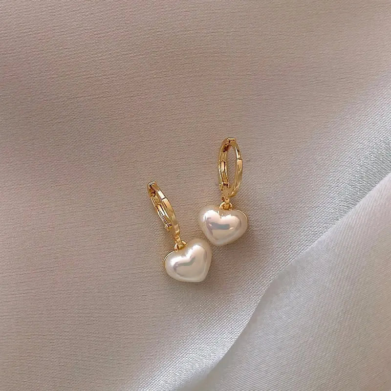 Golden Heart Pearl Drop Earrings