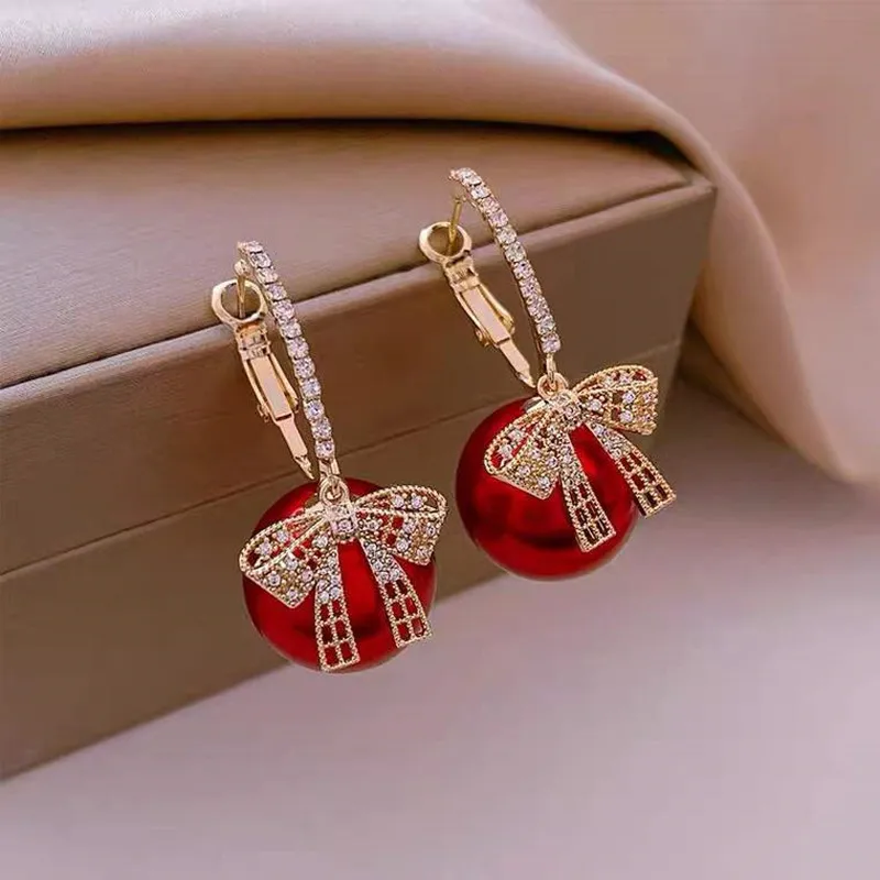 Elegant Tie Red Bead Dangle Earrings