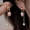 Gold Floral Pearl Dangle Earrings