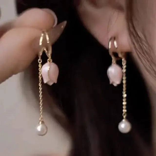 Gold Floral Pearl Dangle Earrings