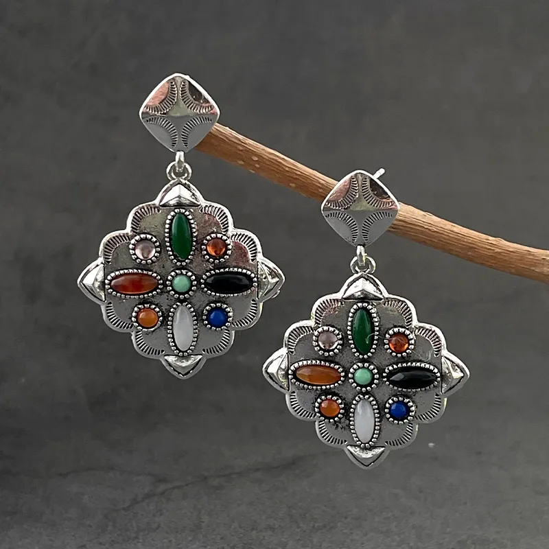 Vintage Colorful Gemstone Silver Earrings