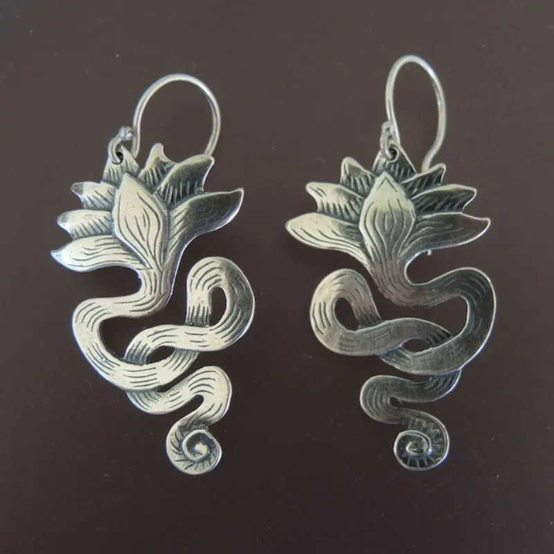 Vintage Floral Serpent Earrings in Sterling Silver