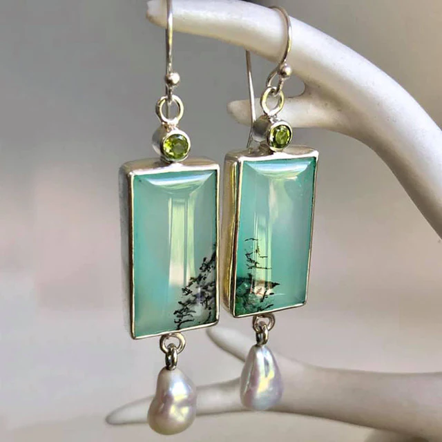 Green enamel pearl earrings