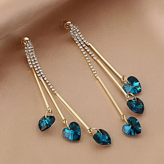Blue Crystal Heart Elegant Raindrop Earrings