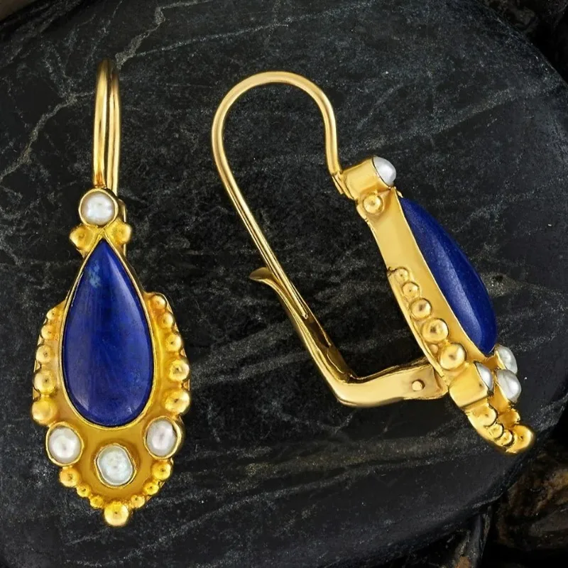 Blue Vintage Gold Earrings with Pearls