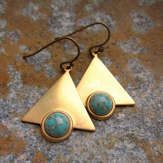 Golden Triangle Earrings with Antique Turquoise Stones