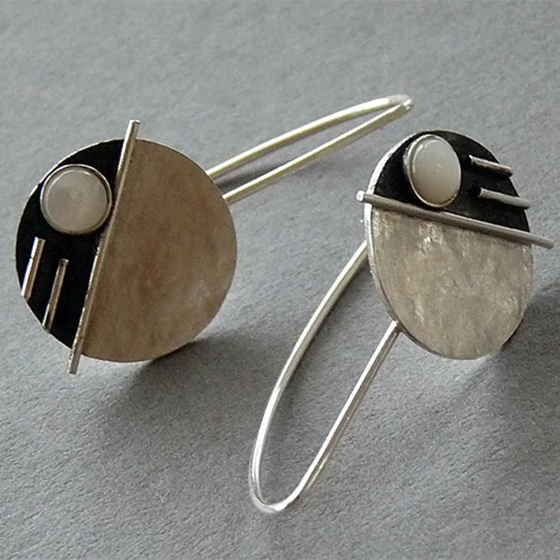Round Vintage Earrings with White Opal Stone