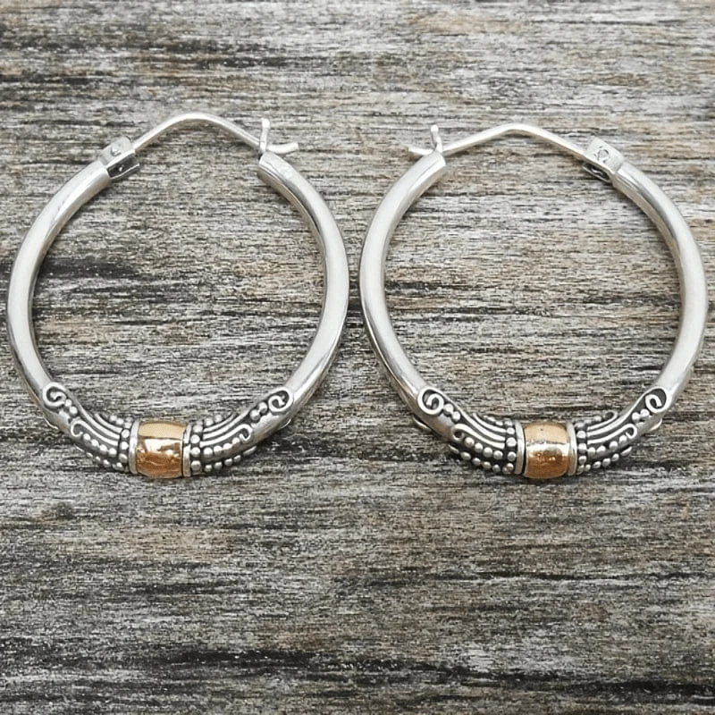 Vintage Silver Engraved Pattern Hoop Earrings