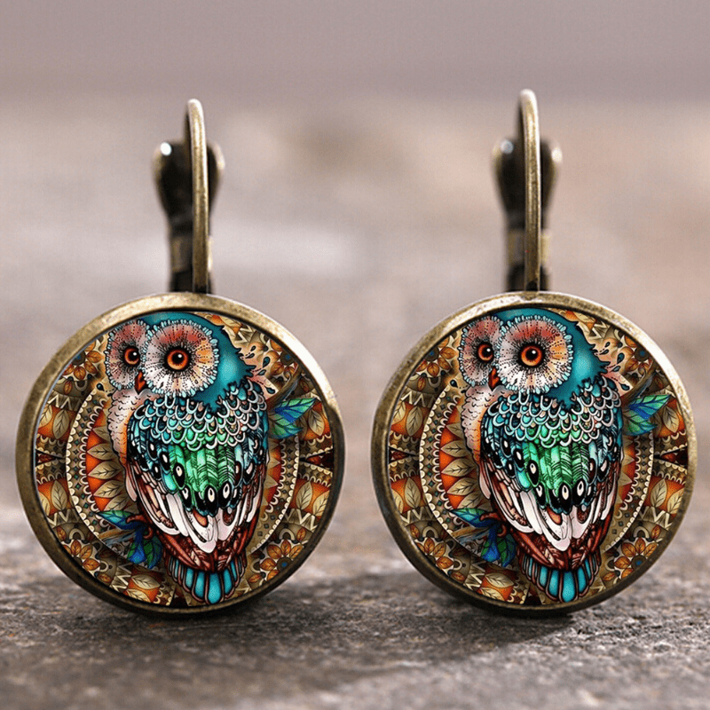 Vintage Rounded Crystal Owl Stud Earrings