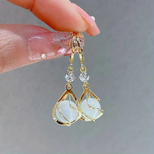 Vintage White Opal Dangle Gold Earrings