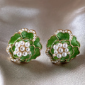 Green Enamel Earrings with Graceful Pearls