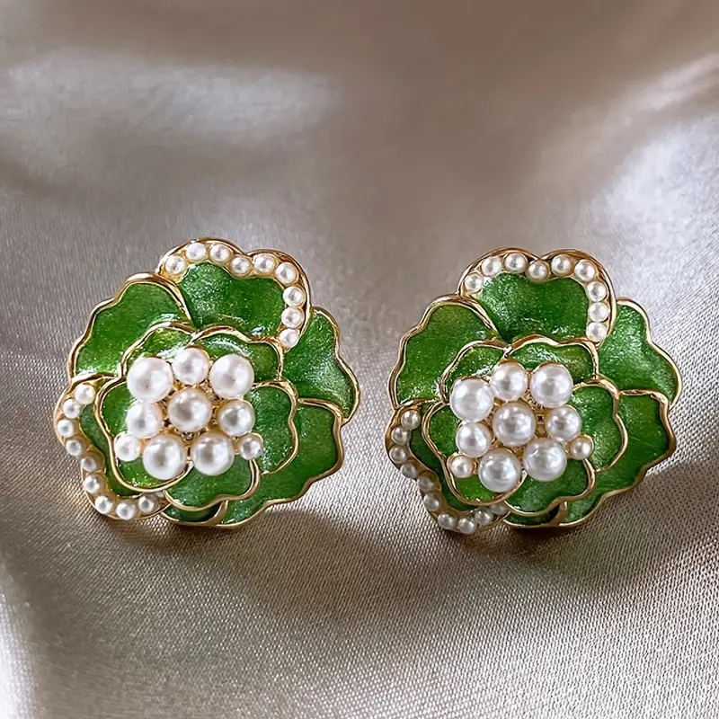 Green Enamel Earrings with Graceful Pearls