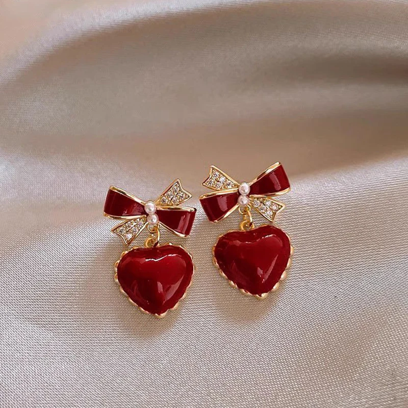 Elegant Crimson Heart Arch Earrings
