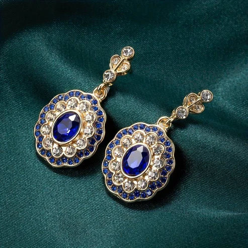 Blue Crystal Mandala Earrings on Antique Gold