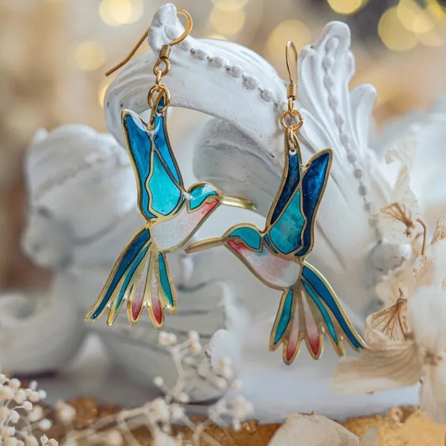 Vintage Blue Enamel Hummingbird Ear Studs