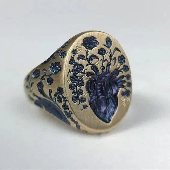 Vintage Gold Ring with Blue Floral Design