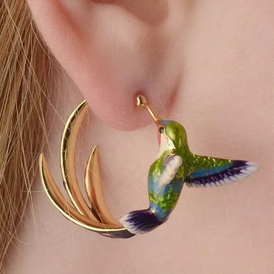 1+1 Offer: Vintage Enamel Hummingbird Hoop Earrings & Green Opal Natural Ring