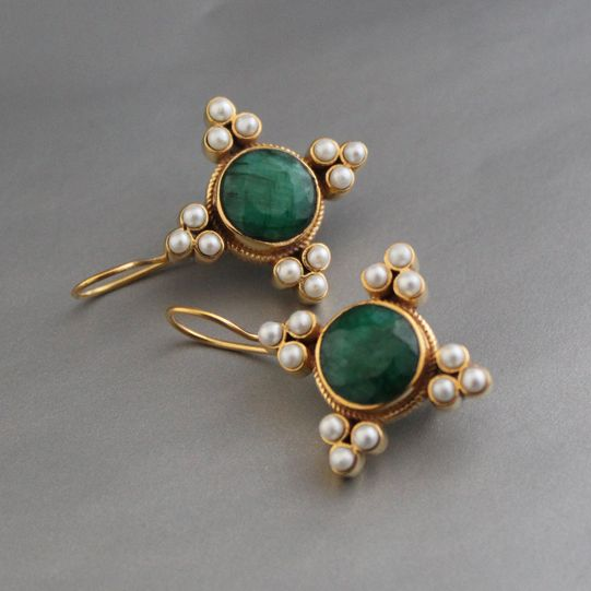 Vintage Green Crystal & Pearl Dangle Earrings